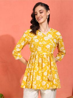 Yash Gallery - Yellow Women Cotton Floral Printed 3/4Th Sleeve Peplum Style Top