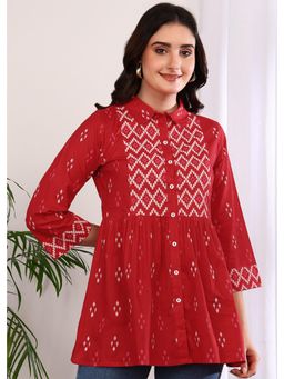 Yash Gallery - Red Women Cotton Geometric Print 3/4Th Sleeve Collared Neck Top
