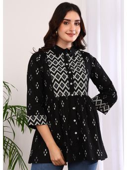 Yash Gallery - Black Women Cotton Geometric Print 3/4Th Sleeve Collared Neck Top