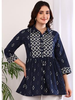 Yash Gallery - Blue Women Cotton Geometric Print 3/4Th Sleeve Collared Neck Top