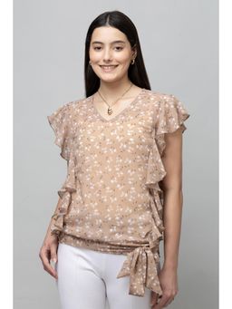 PURYS - Floral Ruffled V-Neck Beige Top
