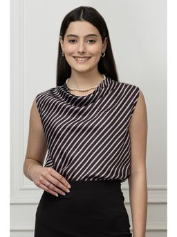 PURYS - Striped Satin Cowl Neck Black Top