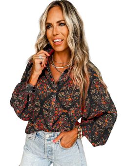 Errabelly - Floral Balloon Sleeve Black Shirt