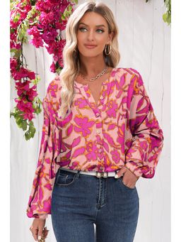Errabelly - Floral Print Balloon Sleeve Pink Shirt