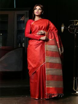Beatitude - Red Handwoven Dupion Raw Silk Saree Beige Pallu with Unstitched Blouse