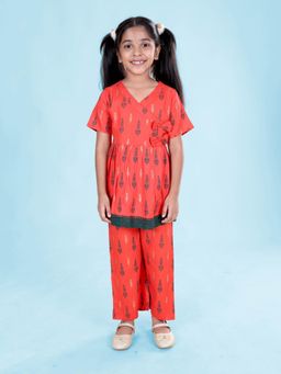 KiddoPanti - Girls Rayon Botanical Printed Angrakha Kurta Co-Ord
