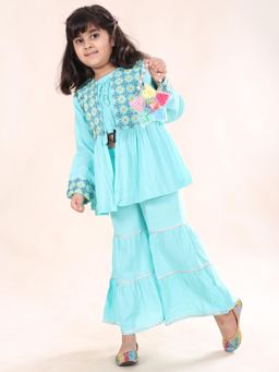 KiddoPanti - Girls Ethnic Motif Embroidered Shrug with Crop Top and Sharara