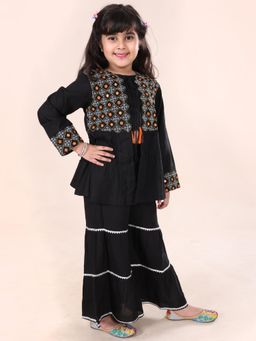 KiddoPanti - Girls Ethnic Motif Embroidered Shrug with Crop Top and Sharara