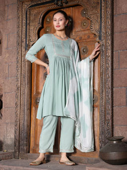 Stylum - Womens Solid Rayon A-Line Kurta with Pant and Dupatta (Set of 3)