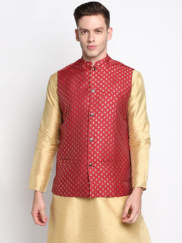 Devoiler - Men Red Woven Design Nehru Jacket