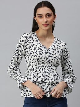 SHOWOFF - Women V-Neck Bell Sleeves Floral White Top