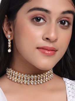VIRAASI - Traditional Gold Plated Crystal Stone Ethnic Choker Necklace with Earrings (Set of 2)