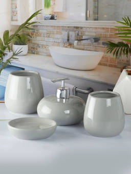 Kookee - Grey Ceramic Bathroom Soap Dispenser & Dish with Toothbrush Holder & Tumbler