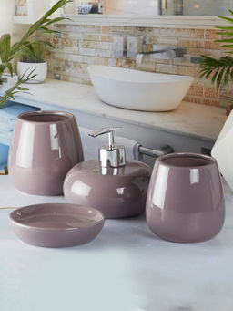Kookee - Purple Ceramic Bathroom Soap Dispenser & Dish with Toothbrush Holder & Tumbler