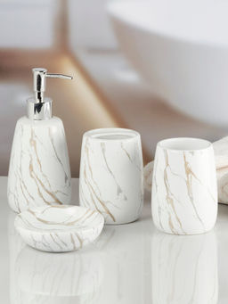 Kookee - White Ceramic Bathroom Soap Dispenser & Dish with Toothbrush Holder & Tumbler