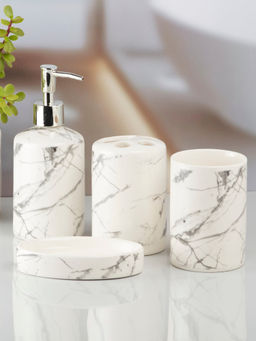 Kookee - White Ceramic Bathroom Soap Dispenser & Dish with Toothbrush Holder & Tumbler