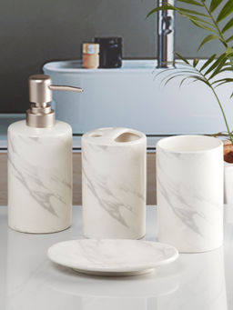 Kookee - White Ceramic Bathroom Soap Dispenser & Dish with Toothbrush Holder & Tumbler