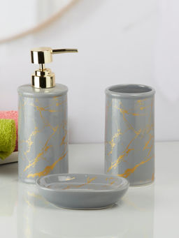 Kookee - Grey Ceramic Bathroom Soap Dispenser & Dish with Toothbrush Holder