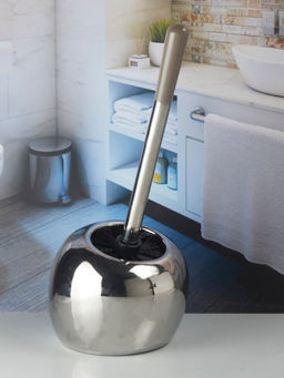 Kookee - Silver Ceramic Toilet Brush with Holder Stand for Bathroom & Commode Cleaning