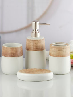 Kookee - Beige Ceramic Bathroom Soap Dispenser & Dish with Toothbrush Holder & Tumbler