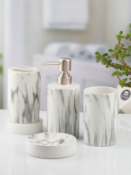 Kookee - White Ceramic Bathroom Soap Dispenser & Dish with Toothbrush Holder & Tumbler