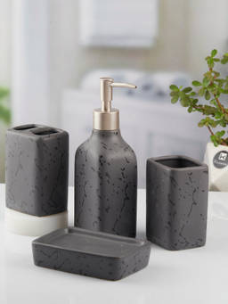 Kookee - Grey Ceramic Bathroom Soap Dispenser & Dish with Toothbrush Holder & Tumbler