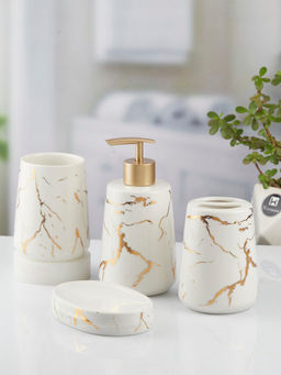 Kookee - White Ceramic Bathroom Soap Dispenser & Dish with Toothbrush Holder & Tumbler