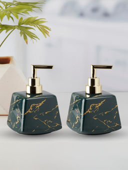 Kookee - Green Ceramic Soap Dispenser with Refillable Pump for Bathroom & Kitchen (Pack of 2)