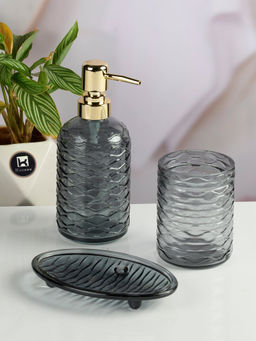 Kookee - Grey Glass Bathroom Soap Dispenser & Dish with Toothbrush Holder