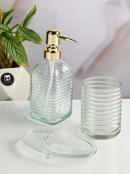 Kookee - Transparent Glass Bathroom Soap Dispenser & Dish with Toothbrush Holder