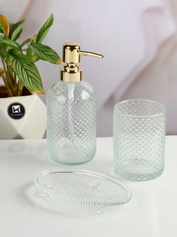 Kookee - Transparent Glass Bathroom Soap Dispenser & Dish with Toothbrush Holder