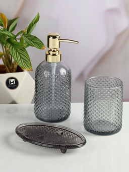 Kookee - Grey Glass Bathroom Soap Dispenser & Dish with Toothbrush Holder
