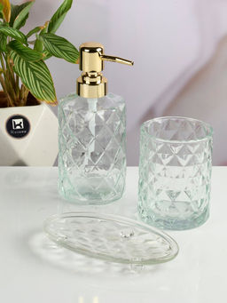 Kookee - Transparent Glass Bathroom Soap Dispenser & Dish with Toothbrush Holder
