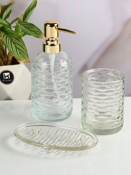 Kookee - Transparent Glass Bathroom Soap Dispenser & Dish with Toothbrush Holder