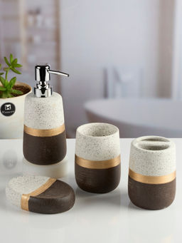Kookee - Brown Ceramic Bathroom Soap Dispenser & Dish with Toothbrush Holder & Tumbler