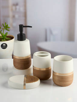 Kookee - White Ceramic Bathroom Soap Dispenser & Dish with Toothbrush Holder & Tumbler