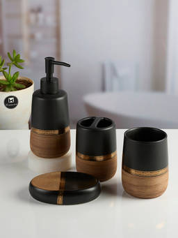 Kookee - Black Ceramic Bathroom Soap Dispenser & Dish with Toothbrush Holder & Tumbler