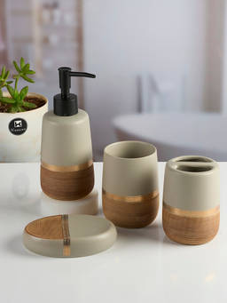 Kookee - Grey Ceramic Bathroom Soap Dispenser & Dish with Toothbrush Holder & Tumbler
