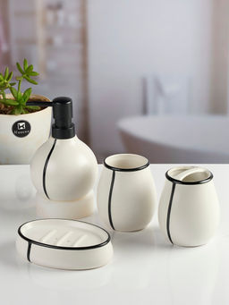 Kookee - White Ceramic Bathroom Soap Dispenser & Dish with Toothbrush Holder & Tumbler
