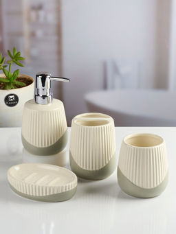 Kookee - Grey Ceramic Bathroom Soap Dispenser & Dish with Toothbrush Holder & Tumbler