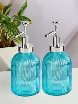 Kookee - Blue Glass Soap Dispenser Stylish Refillable Pump for Bathroom & Kitchen (Pack of 2)