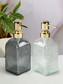 Kookee - Transparent & Grey Glass Soap Dispenser Stylish Refillable Pump for Bathroom (Pack of 2)