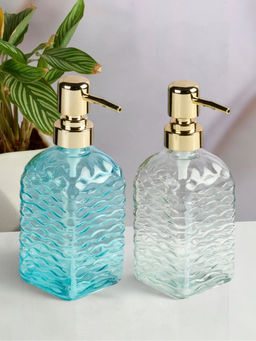 Kookee - Blue & Transparent Glass Soap Dispenser Stylish Refillable Pump for Bathroom (Pack of 2)