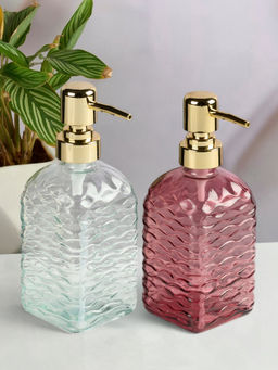 Kookee - Pink & Transparent Glass Soap Dispenser Stylish Refillable Pump for Bathroom (Pack of 2)