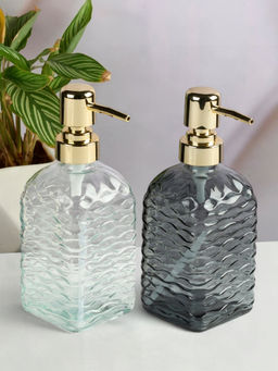 Kookee - Grey & Transparent Glass Soap Dispenser Stylish Refillable Pump for Bathroom (Pack of 2)