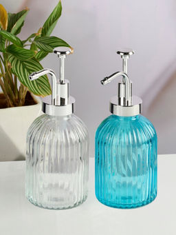 Kookee - Blue & Transparent Glass Soap Dispenser Stylish Refillable Pump for Bathroom (Pack of 2)