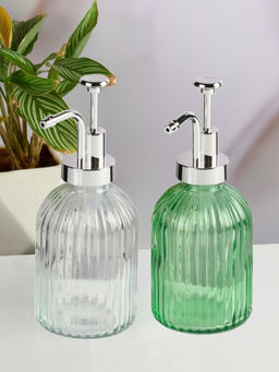 Kookee - Green & Transparent Glass Soap Dispenser Stylish Refillable Pump for Bathroom (Pack of 2)