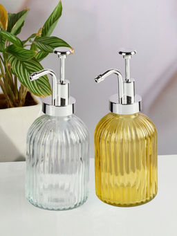 Kookee - Yellow & Transparent Glass Soap Dispenser Stylish Refillable Pump for Bathroom (Pack of 2)