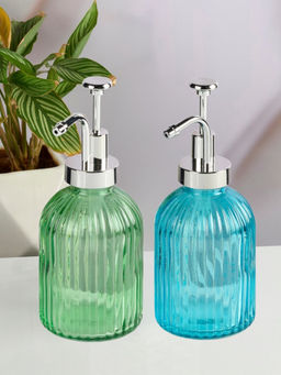 Kookee - Blue & Green Glass Soap Dispenser Stylish Refillable Pump for Bathroom (Pack of 2)