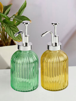 Kookee - Yellow & Green Glass Soap Dispenser Stylish Refillable Pump for Bathroom (Pack of 2)
